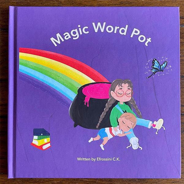 Cover of the children’s book 'Magic Word Pot' by Efrossini C.K., featuring a purple background with a colorful rainbow, a black pot with pink magical liquid, a woman with braids hugging a child in mid-air, a blue butterfly, and a stack of colorful books.