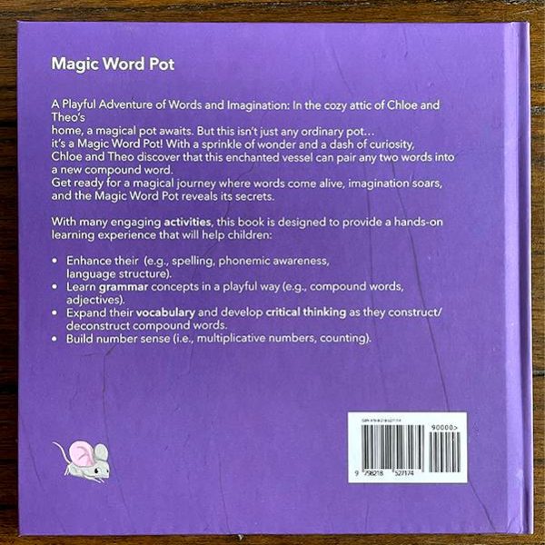 Back cover of the children’s book 'Magic Word Pot' by Efrossini C.K., featuring a purple background with white text describing the story, educational benefits, and a small illustration of a gray mouse, along with ISBN barcodes.